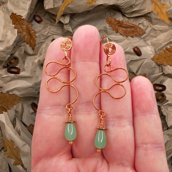 Artisan Jewelry - Artisan Copper Wire Earrings with Green Adventurine Drop Beads